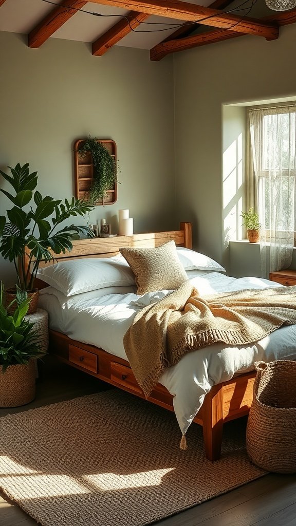 A cozy rustic bedroom featuring sage green walls, a wooden bed frame, soft bedding, and plants.