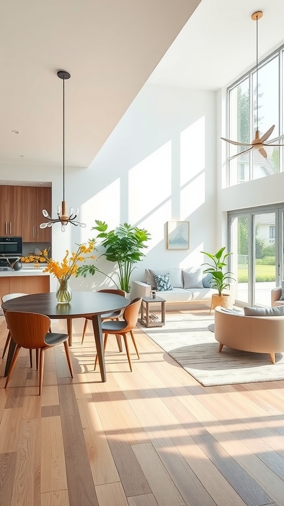 A bright and inviting living room-dining room combo with a round dining table, stylish chairs, and comfortable seating.