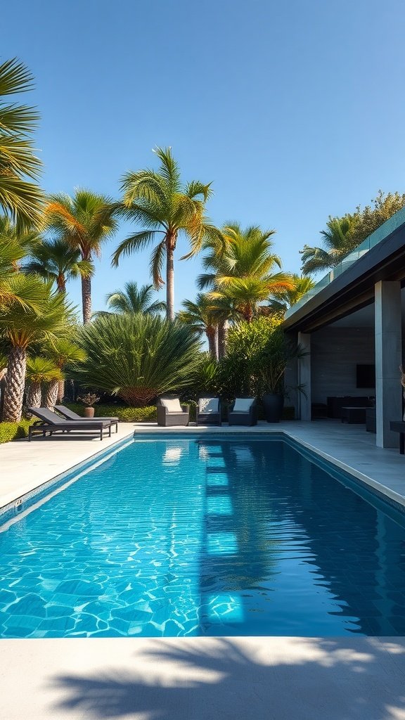 A luxurious swimming pool surrounded by palm trees and lounge chairs