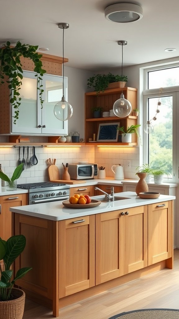 A modern small kitchen with a wooden island, white countertops, and plants