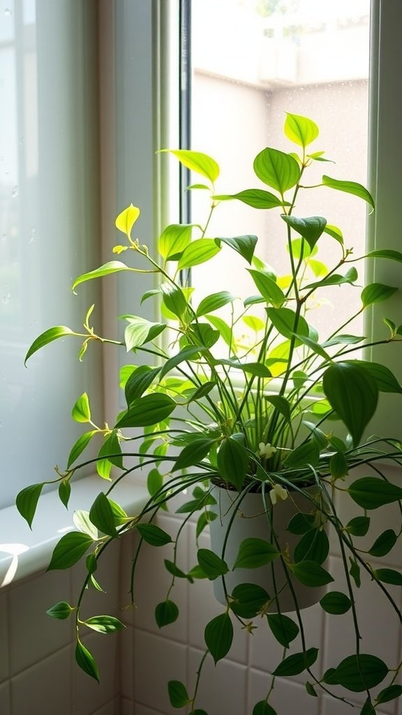 Spider plant in a bathroom window absorbing moisture