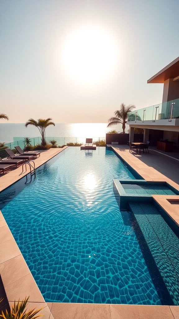 A luxury swimming pool with an ocean view, sun loungers, and a modern design