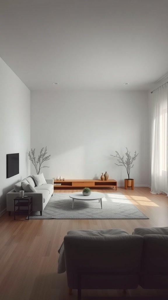 A minimalist living room with a sofa, coffee table, and sparse decor.