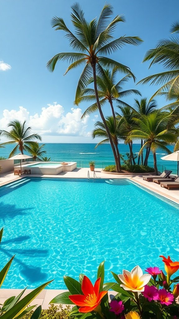 A tropical resort-like swimming pool with ocean view, surrounded by palm trees and colorful flowers.