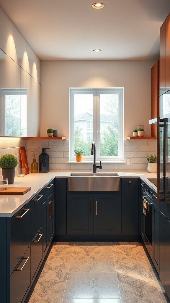 A two-tone U-shaped kitchen featuring navy cabinets, a stainless steel sink, and open shelving with plants.