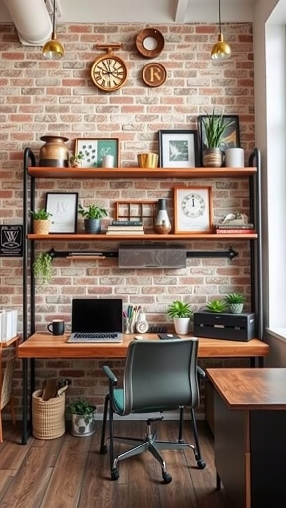 A stylish urban industrial office featuring an exposed brick wall, wooden shelves with plants and artwork, and a modern desk setup.