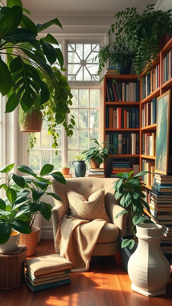 Cozy library room with a comfortable chair, bookshelves filled with books, and lush green plants.
