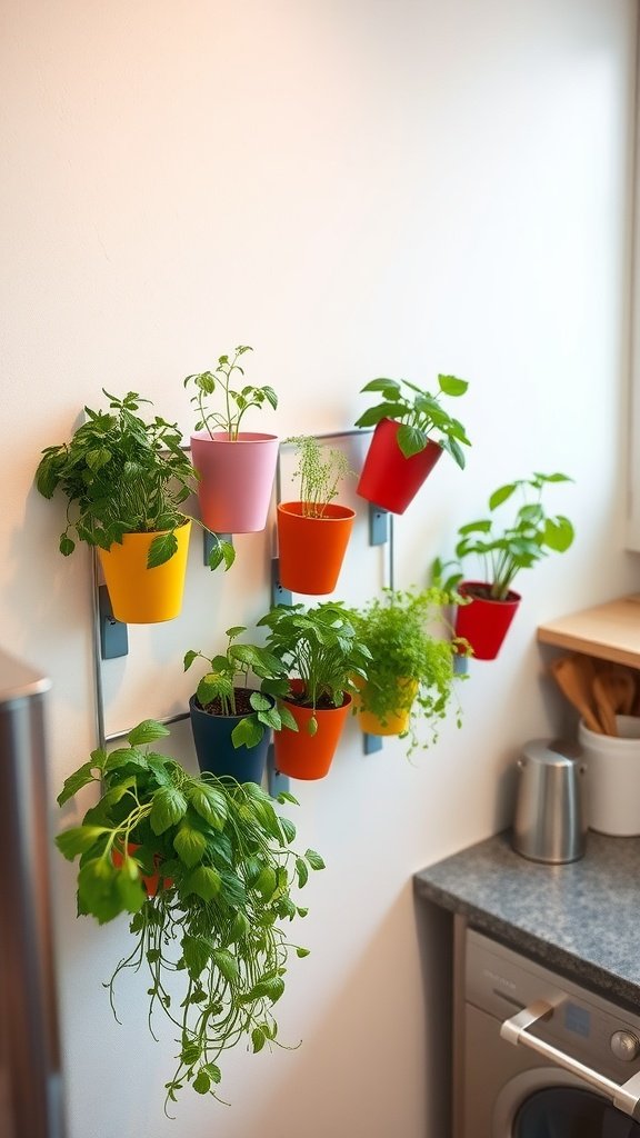 A colorful vertical herb garden mounted on a kitchen wall with various herbs in pots.