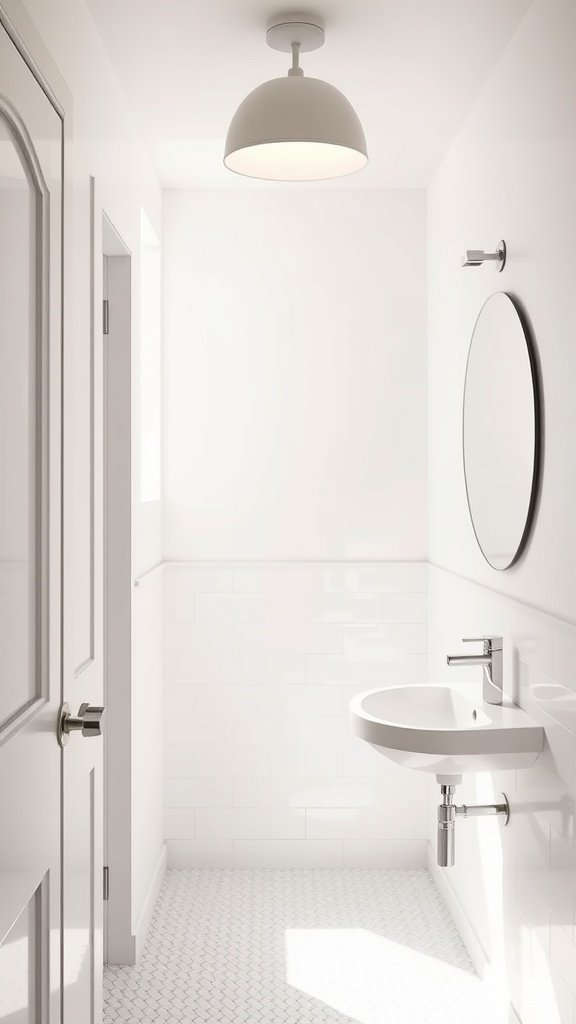 A small white bathroom with modern fixtures, a round mirror, and bright lighting.