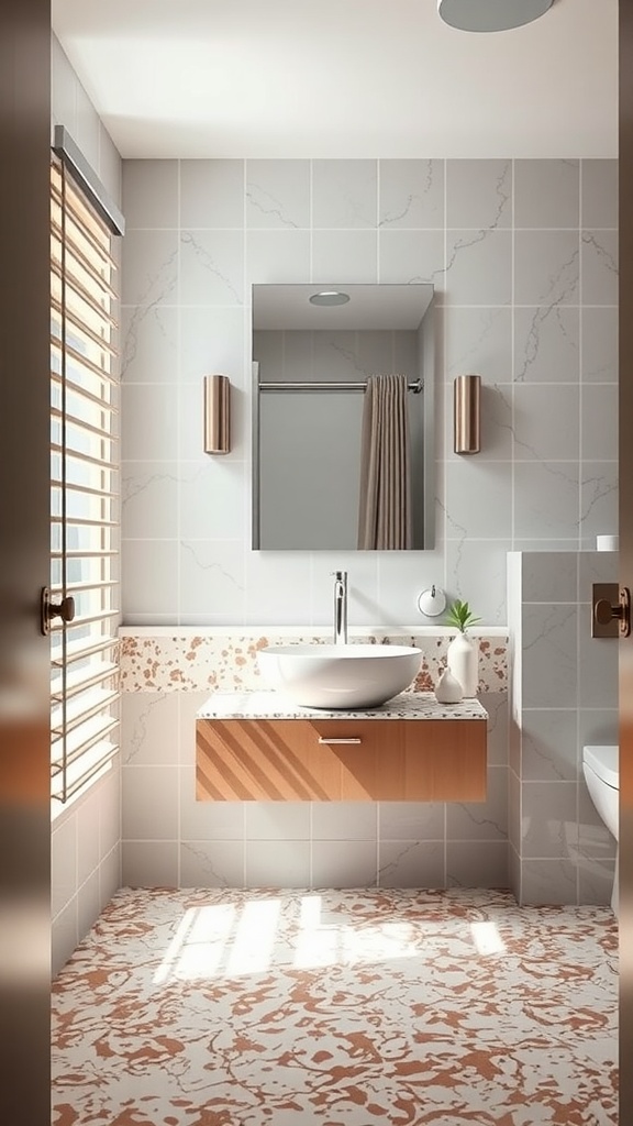 A modern bathroom featuring a beautiful terrazzo floor and plain gray wall tiles.
