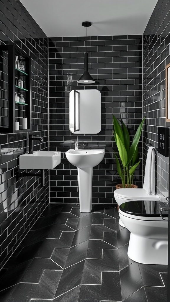 A stylish black bathroom featuring geometric tiles and modern fixtures