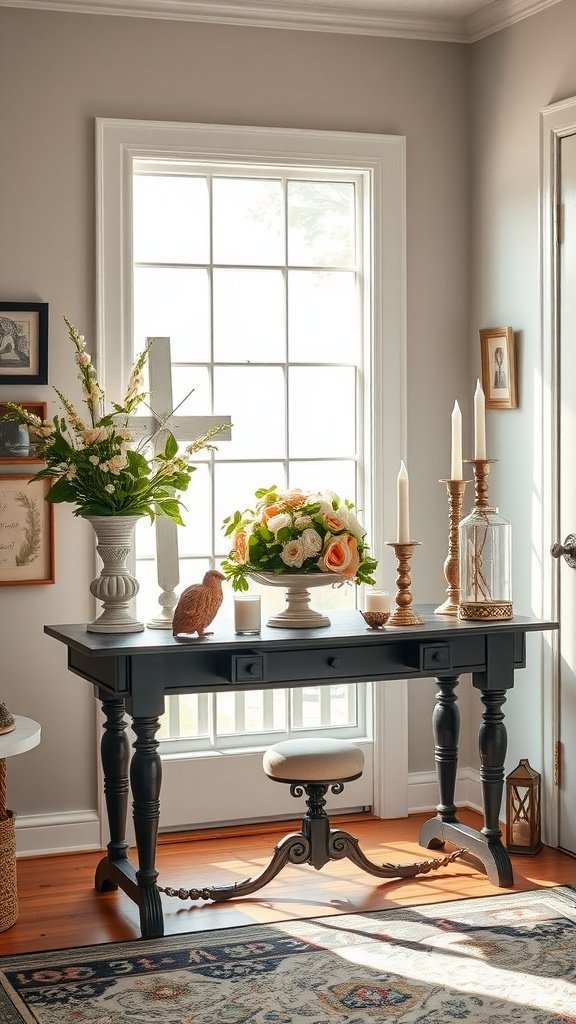 Decorative entry table with flowers and candles for Easter.