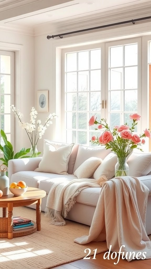 Cozy living room with a white sofa, colorful flowers, and bright natural light