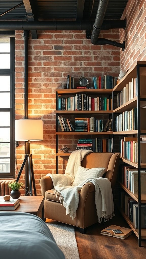 Cozy reading nook in a modern industrial bedroom with a brown armchair, bookshelf, and lamp.