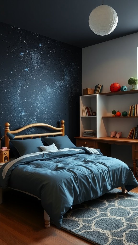 A creatively designed boy's bedroom featuring a starry night wall, soft blue bedding, and organized storage.