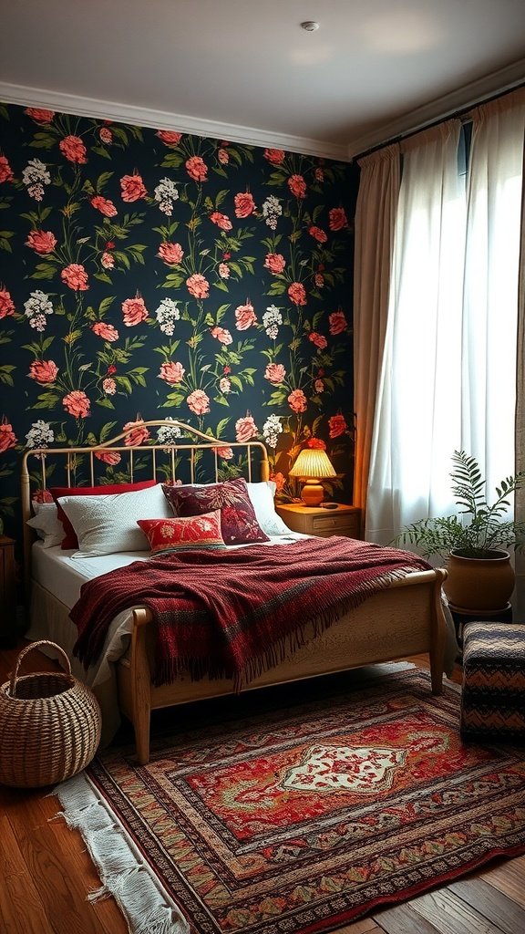 A bohemian bedroom featuring dark floral wallpaper, a cozy bed, and natural decor elements.