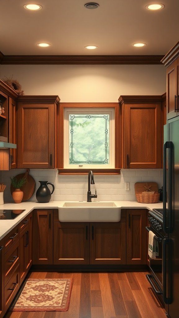A kitchen featuring dark oak unfinished cabinets, farmhouse sink, and warm lighting.