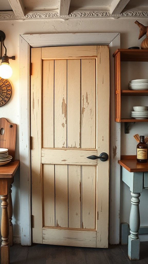 A distressed pantry door with a rustic style, surrounded by wooden shelves and warm kitchen decor.