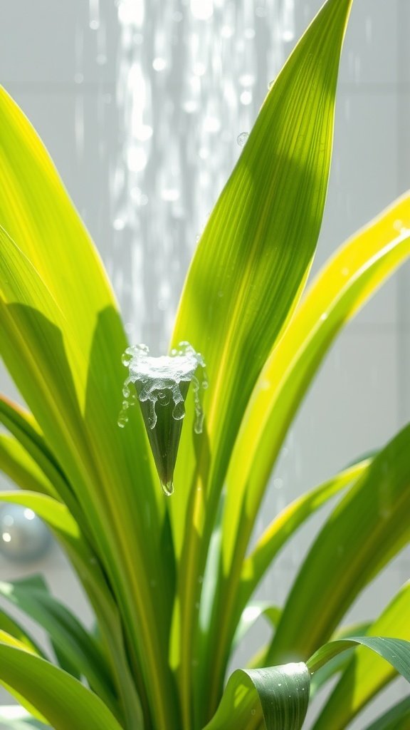 A close-up of Dracaena leaves with droplets of water, emphasizing its humidity-loving nature.