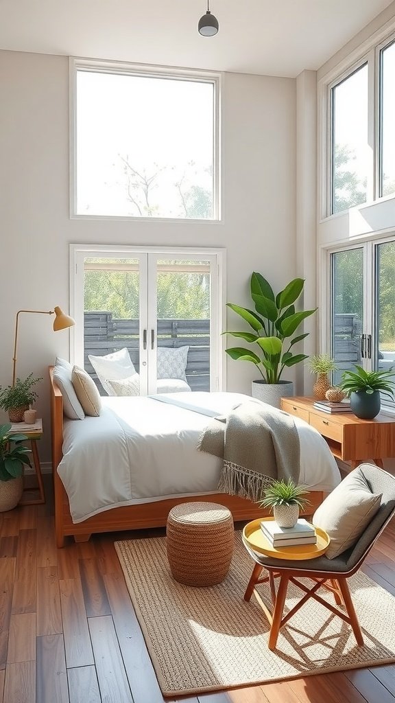 A cozy guest bedroom and home office combo with large windows, plants, and wooden furniture.