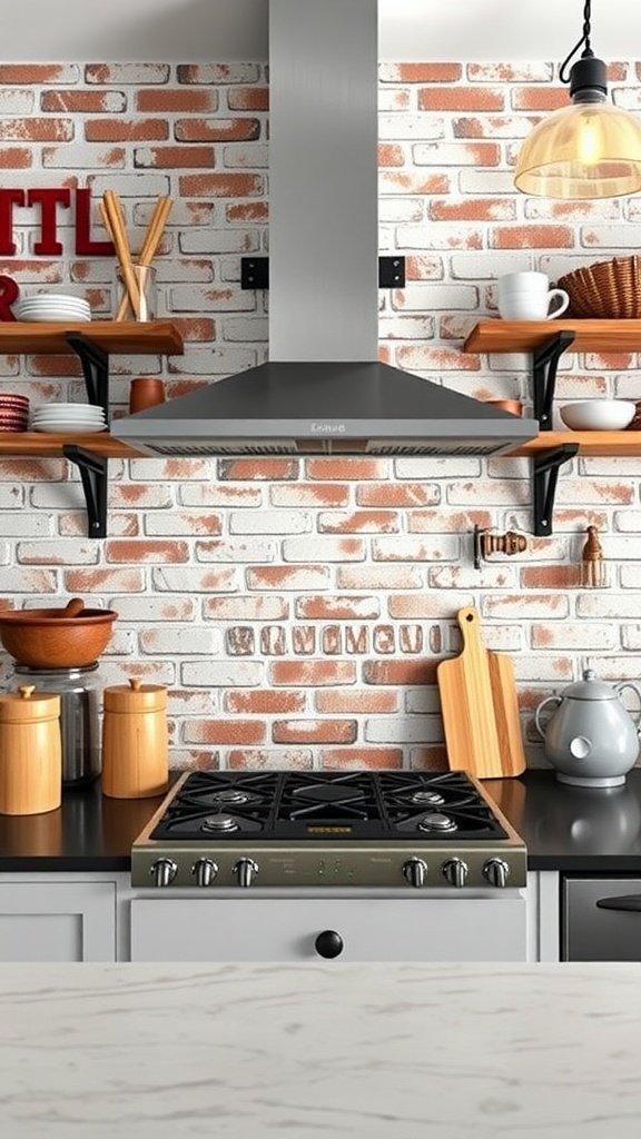 Industrial kitchen with brick backsplash, stainless steel hood, and wooden shelves