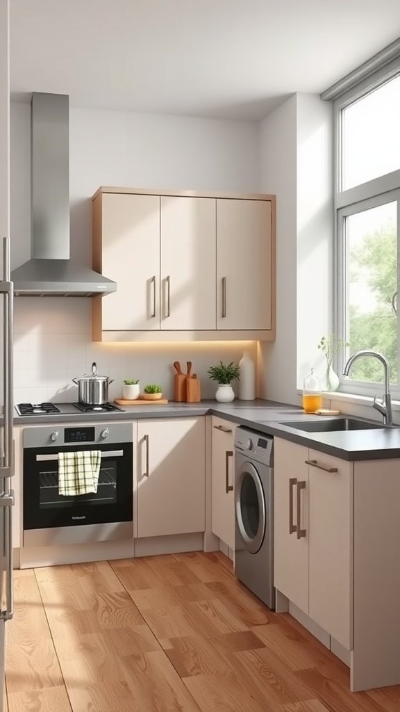 A modern L-shaped small kitchen featuring light cabinets, dark countertops, and large windows.