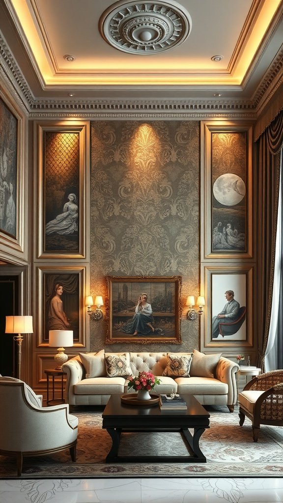 A luxurious living room featuring an accent wall with intricate designs and framed portraits, complemented by elegant furniture.