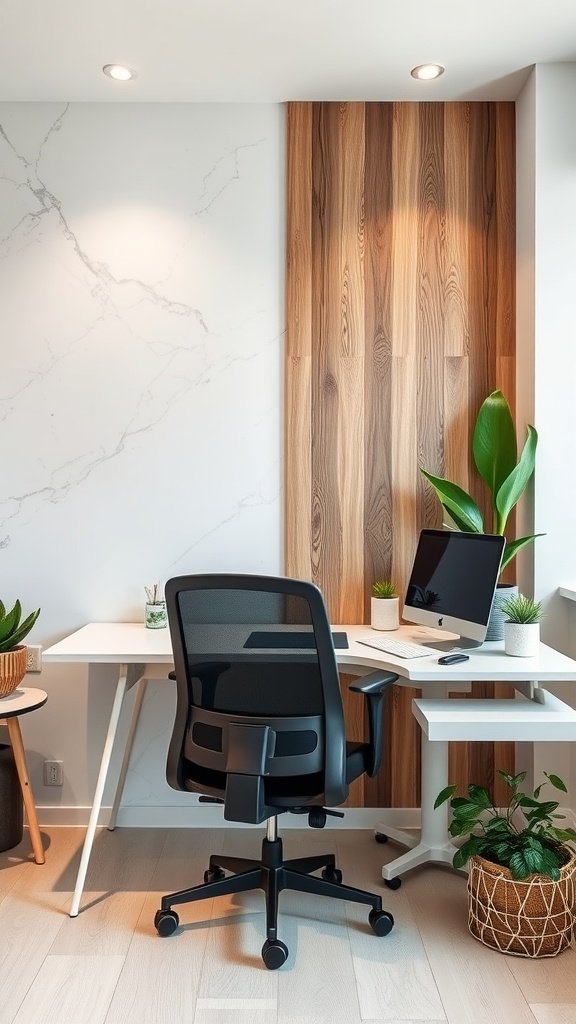 A modern office with a marble and wood accent wall, featuring a desk, a black office chair, and plants.