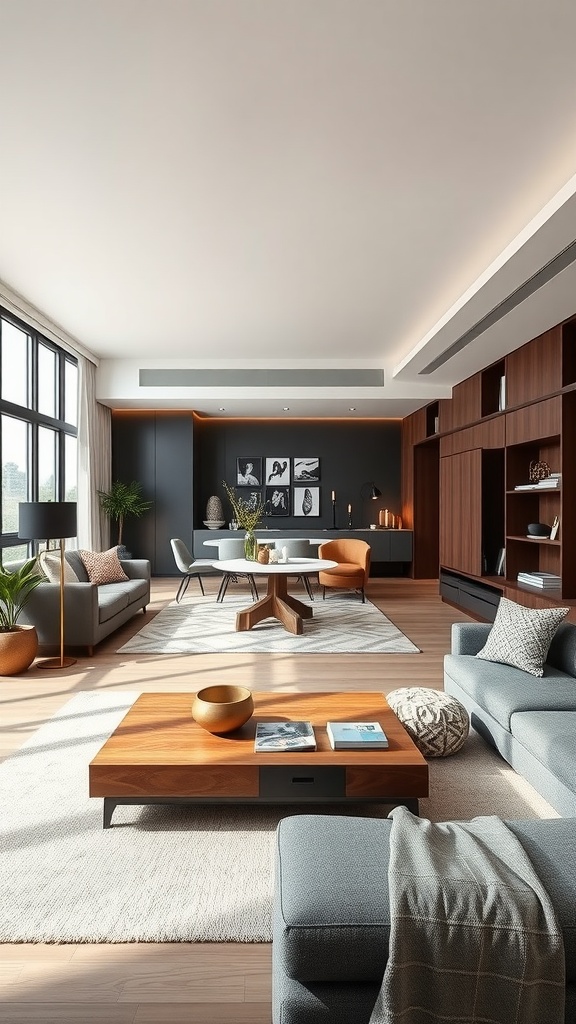 A modern living room and dining room combo featuring a cozy seating area and a stylish dining table, well-lit through large windows.