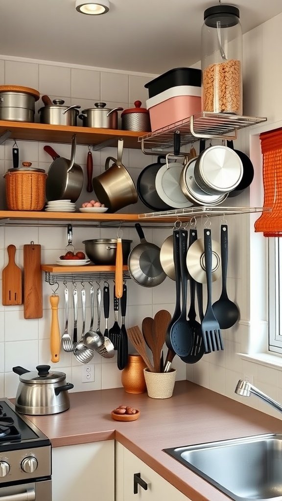 A small kitchen featuring hanging racks with pots, pans, and utensils for efficient vertical storage.