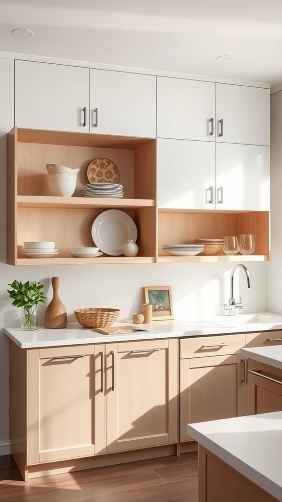 Modern kitchen with a mix of open and closed cabinets, showcasing dishware and decorative items.
