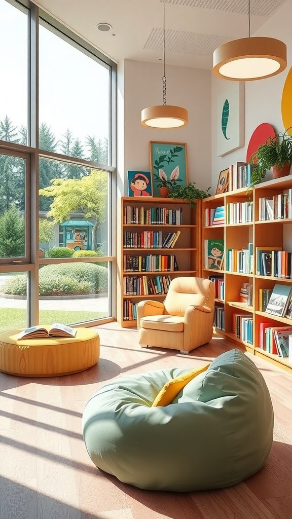 A modern reading nook with large windows, comfortable seating, and colorful bookshelves.
