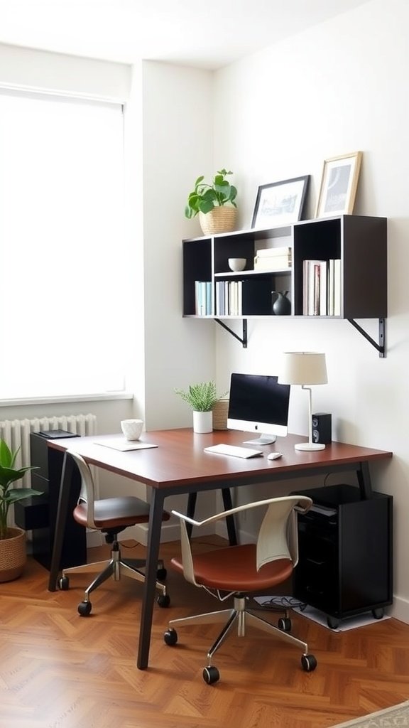 Small home office with a modular desk setup, featuring two chairs, a computer, and shelving above.