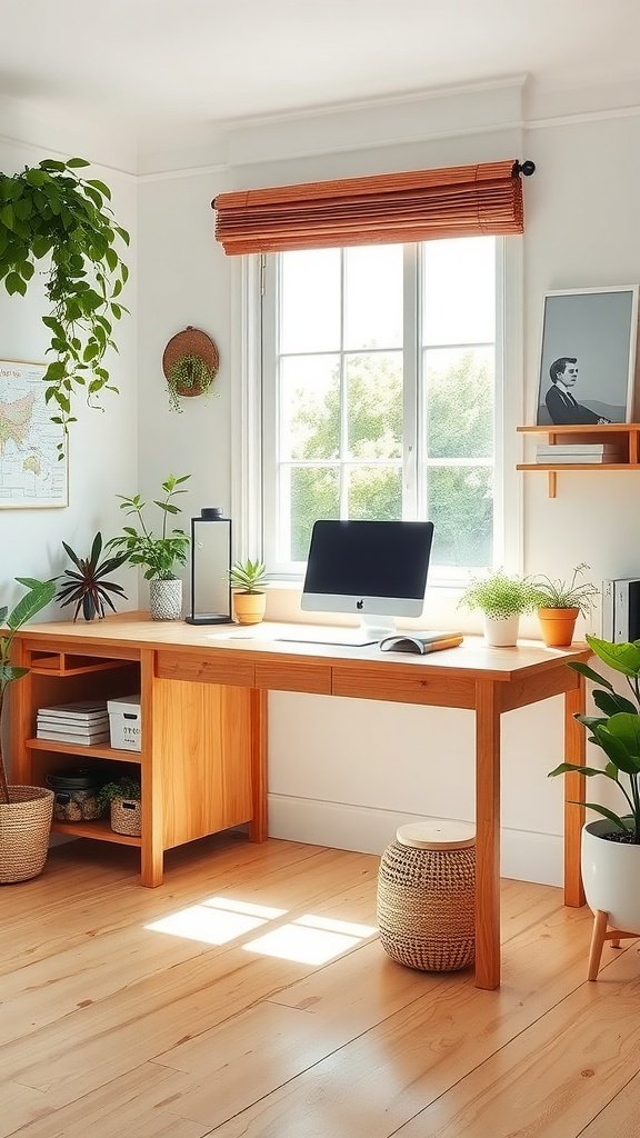 Cozy home office with wooden desk, plants, and natural light