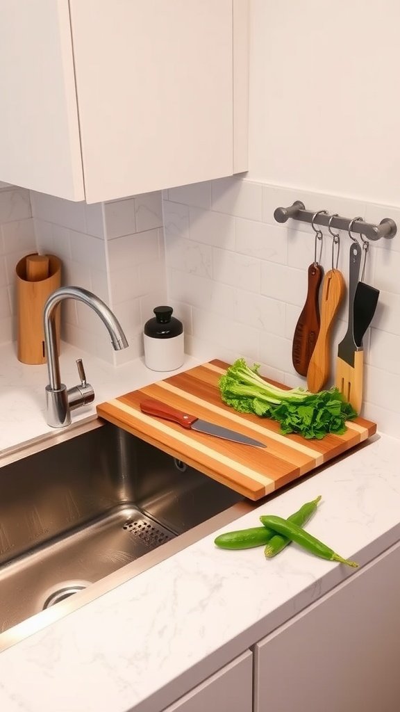 A wooden cutting board sitting over a sink with vegetables and a knife on it, showcasing a small apartment kitchen setup.