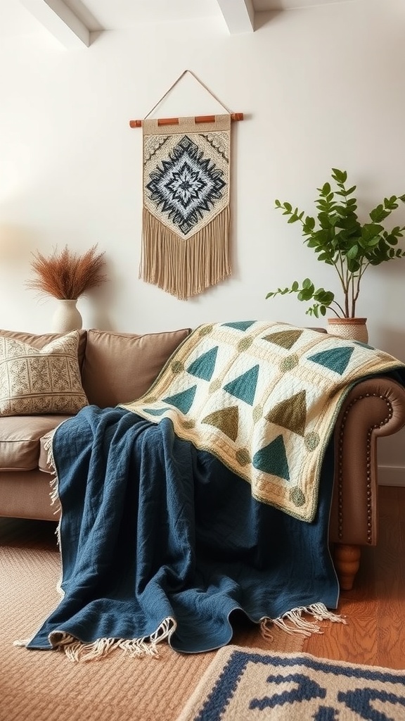A cozy living room featuring a quilted throw on a sofa and a decorative wall hanging.