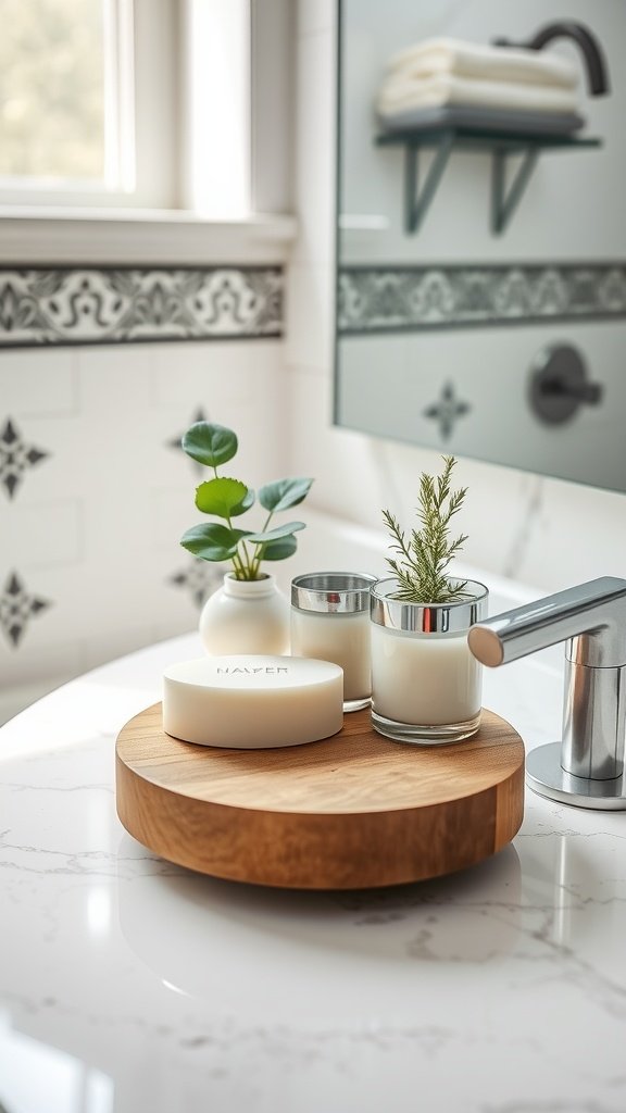 Round wood bathroom riser displaying soap, candles, and small plants on a bathroom counter.