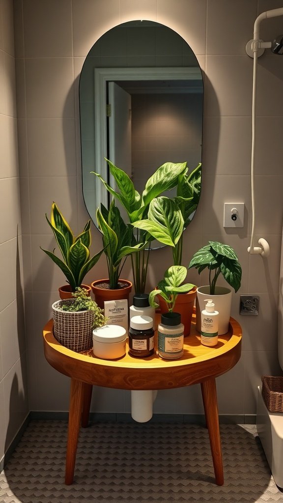 A wooden round riser in a bathroom holding various green plants and essential items.