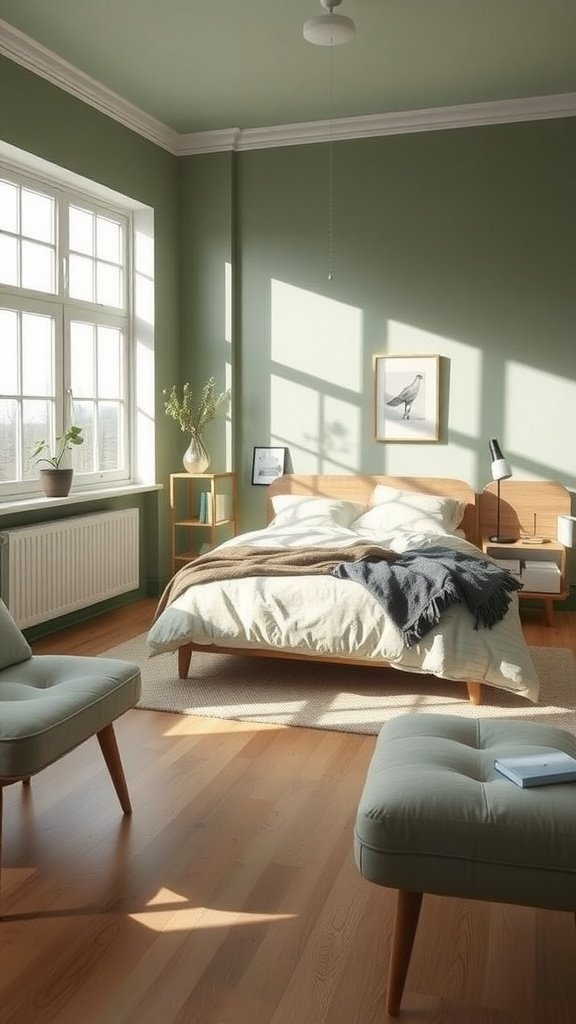 A Scandinavian bedroom featuring sage green walls, wooden furniture, and natural light.