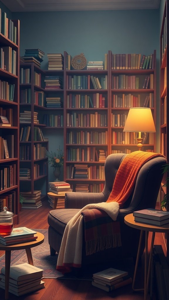 A cozy library room with bookshelves filled with books, an armchair, and a warm lamp