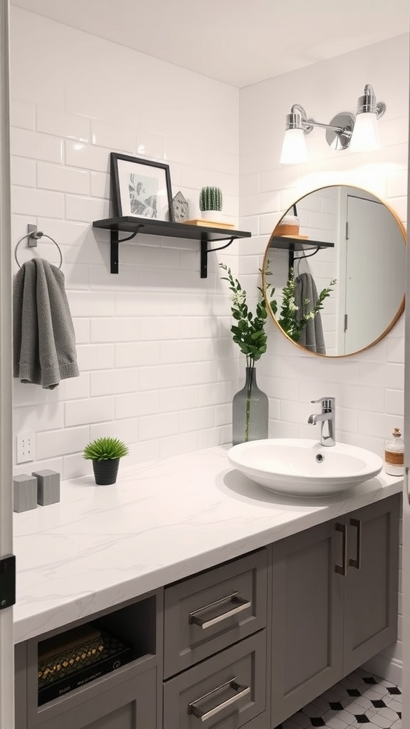 A modern bathroom with a sleek countertop, open shelving, and well-placed mirror