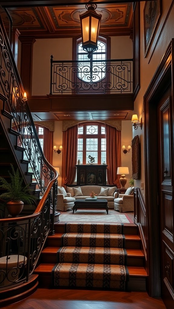 Interior view of a staircase leading to a living room with elegant furnishings and warm lighting