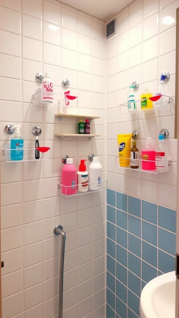 Suction cup storage shelves with various bottles in a small bathroom