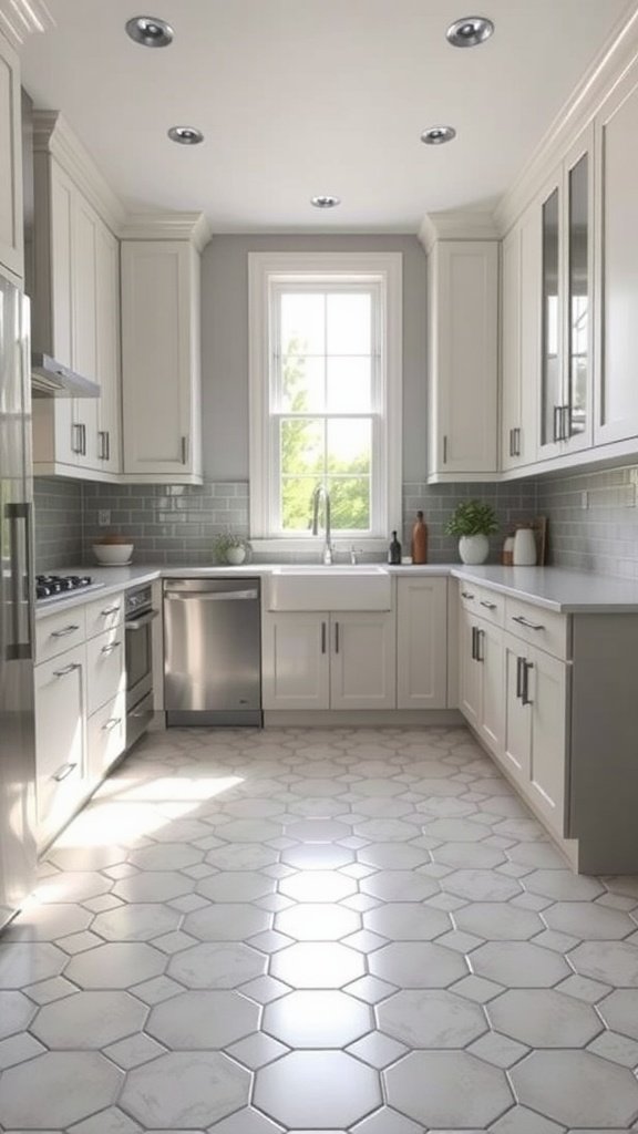 A modern kitchen with hexagonal floor tiles, white cabinets, and gray backsplash, illuminated by natural light.