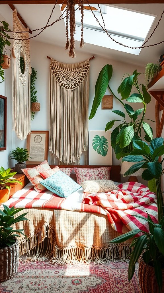 A cozy boho-style bedroom with plants, macrame wall hangings, and a colorful bedspread.