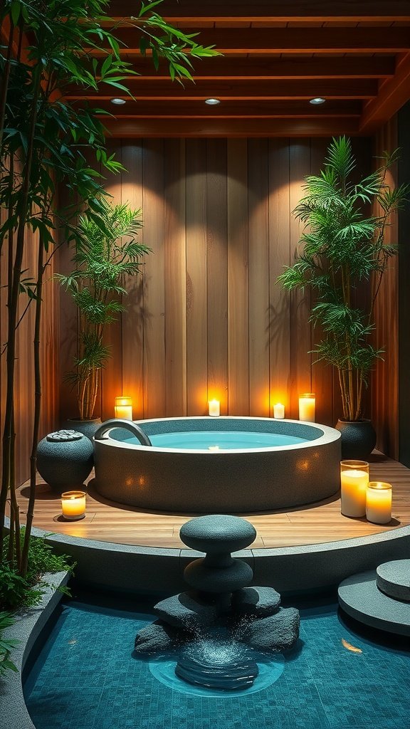 A serene zen bathhouse retreat featuring a round hot tub surrounded by candles and plants, set in a wooden interior.