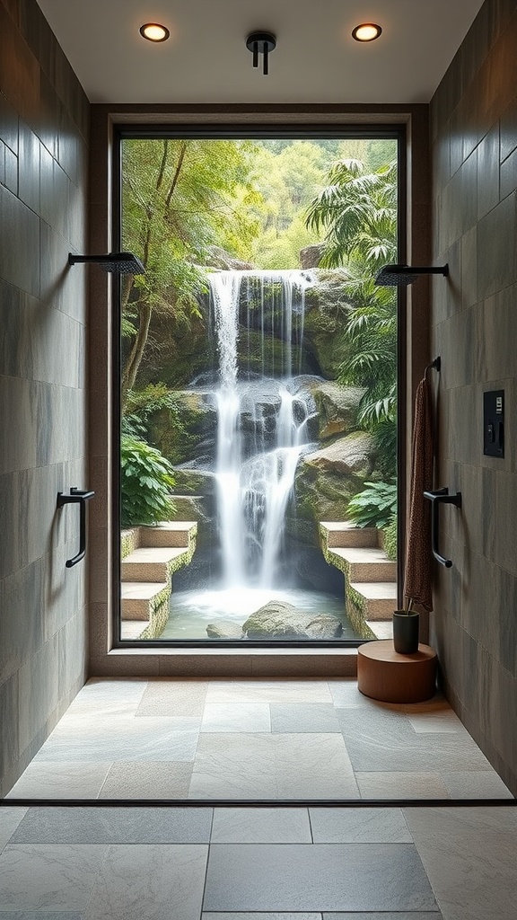 A walk-in shower with a large window showcasing a beautiful waterfall and lush greenery outside.