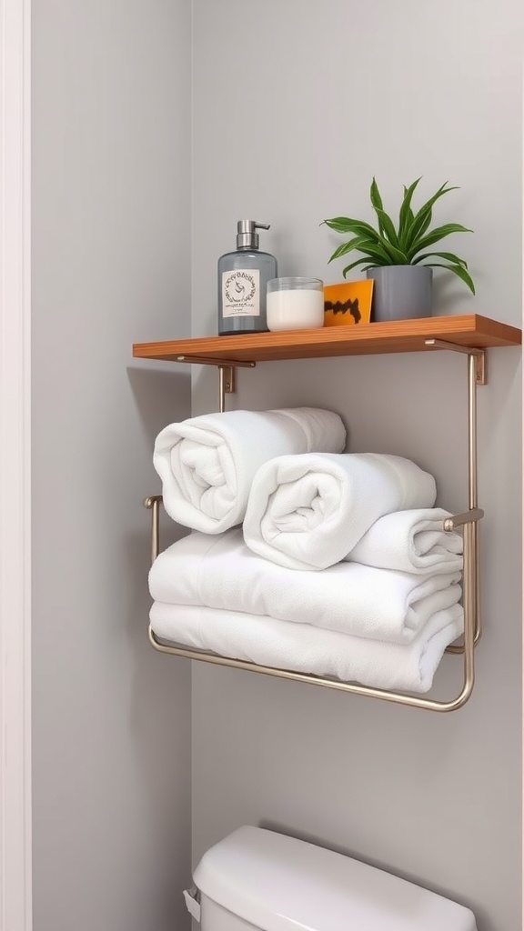 Modern bathroom towel holder shelf with neatly rolled towels and decorative items.