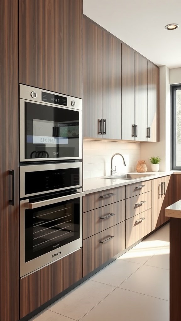 A modern kitchen featuring built-in appliances with wooden cabinetry and a sleek design.