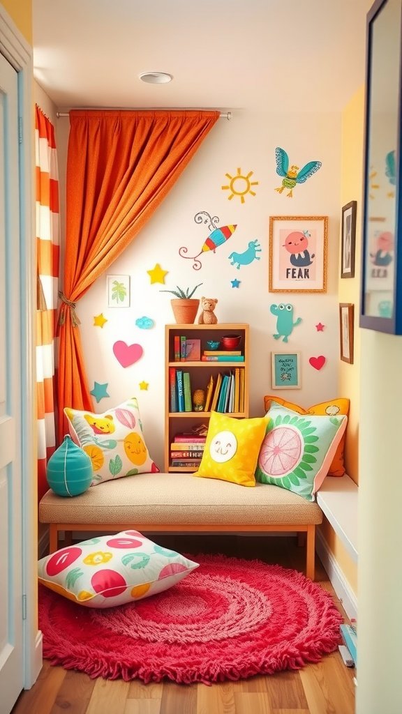 A colorful reading nook for kids with bright cushions, playful wall art, and a cozy couch.